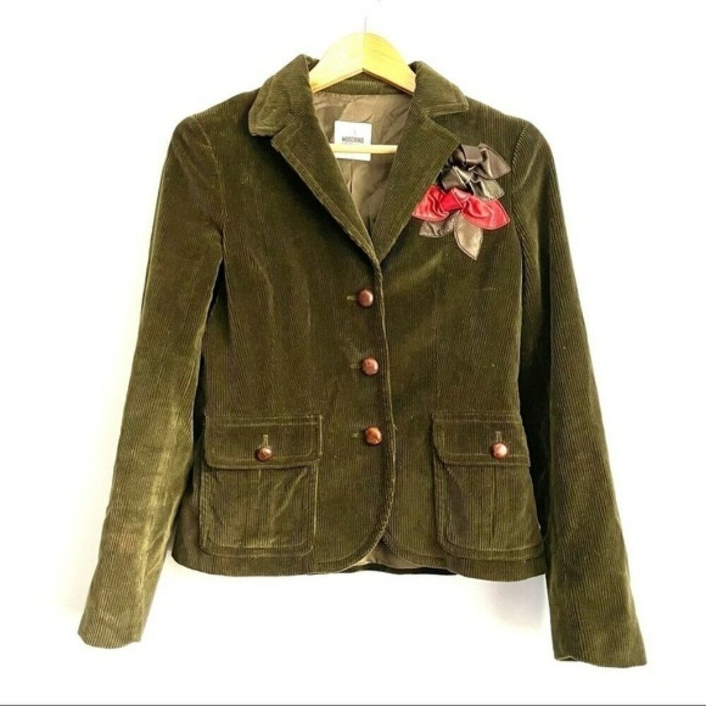 Moschino Cheap and Chic Olive Green Corduroy with Leather Bow Accent Blazer US 8